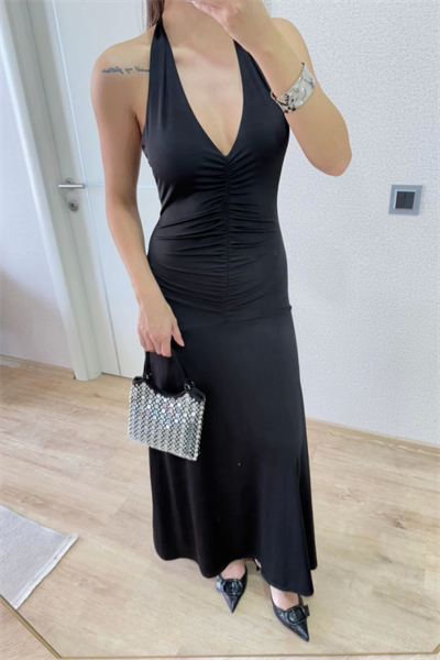 Sırt Dekolteli Uzun Kollu Elbise - Siyah