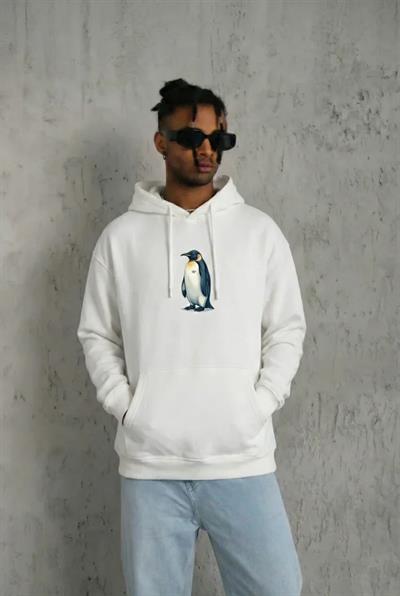 Siyah Oversize Hoodie - Sırt Baskılı Survivor Penguin Temalı, Felsefi Yazılı Kapüşonlu Sweatshirt - Beyaz