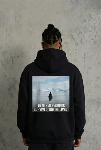 Siyah Oversize Hoodie - Sırt Baskılı Survivor Penguin Temalı, Felsefi Yazılı Kapüşonlu Sweatshirt - Siyah