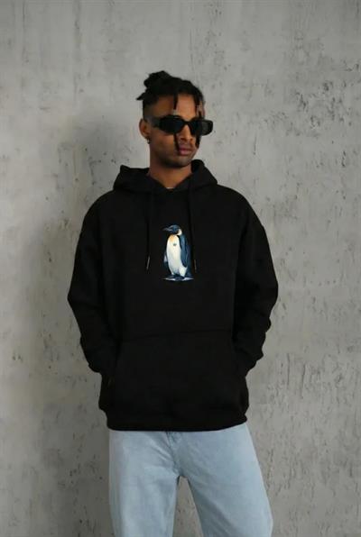 Siyah Oversize Hoodie - Sırt Baskılı Survivor Penguin Temalı, Felsefi Yazılı Kapüşonlu Sweatshirt - Siyah