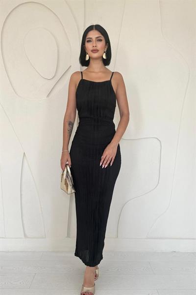 Siyah Piliseli Halter Boyun Elbise