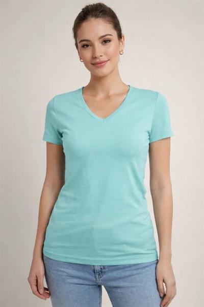 T-Shirt V Yaka Slim Fit Likralı Tişört Günlük Basic Body - Turkuvaz