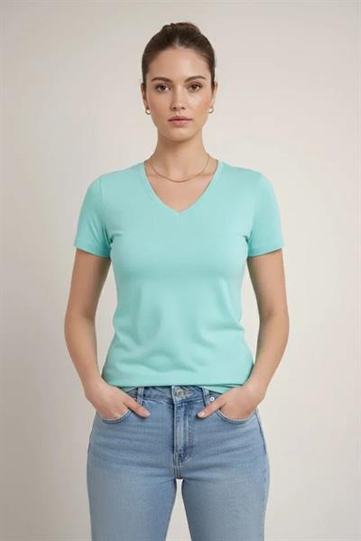 T-Shirt V Yaka Slim Fit Likralı Tişört Günlük Basic Body - Turkuvaz