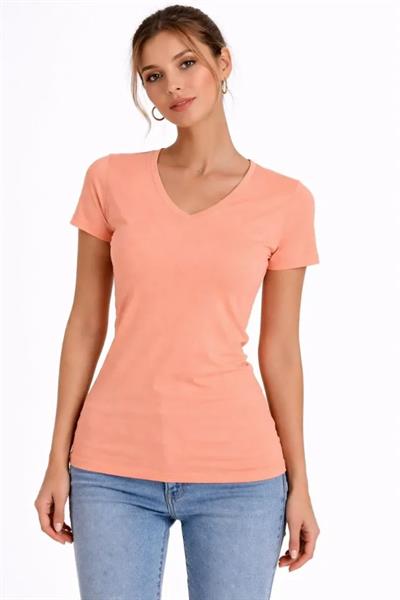 T-Shirt V Yaka Slim Fit Likralı Tişört Günlük Basic Body - Toz Pembe