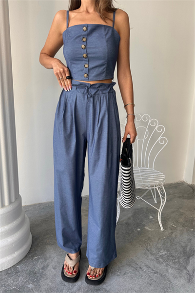 TENCEL CROP ASKILI BLUZ - ŞALVAR PANTOLON TK - İndigo