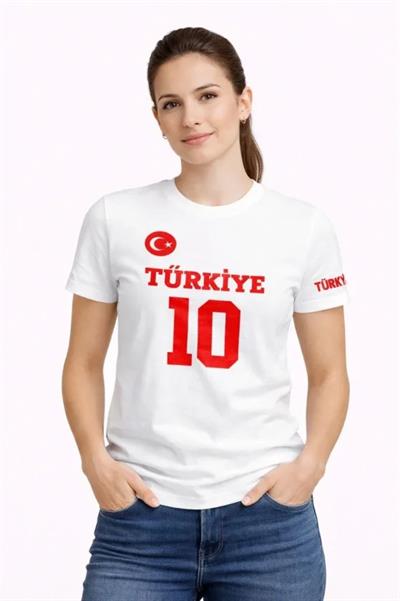 TÜRKİYE Ay Yıldız Baskılı 10 Numara Forma Tişört Taraftar T-Shirt - Beyaz