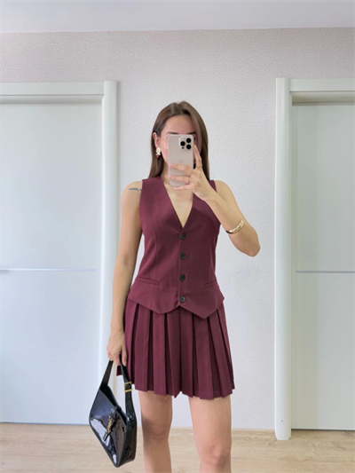 Takım Görünümlu Yelekli Mini Elbise- Bordo