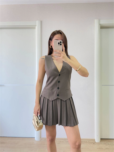 Takım Görünümlu Yelekli Mini Elbise- Füme