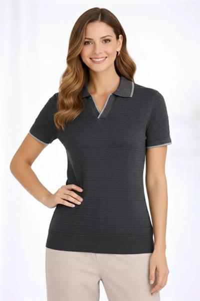Triko Kumaş Yakalı Düğmesiz Açık Yaka Fitilli Kısa Kollu Regular Fit Tişört T-shirt - Siyah