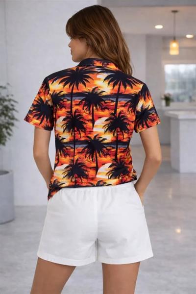 Tropikal Palmiye Desenli Gömlek Şort Takım Yazlık Rahat Kalıp - Desenli