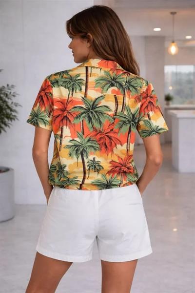 Tropikal Palmiye Desenli Kısa Kol Gömlek Şort Takım Yazlık Rahat - Desenli