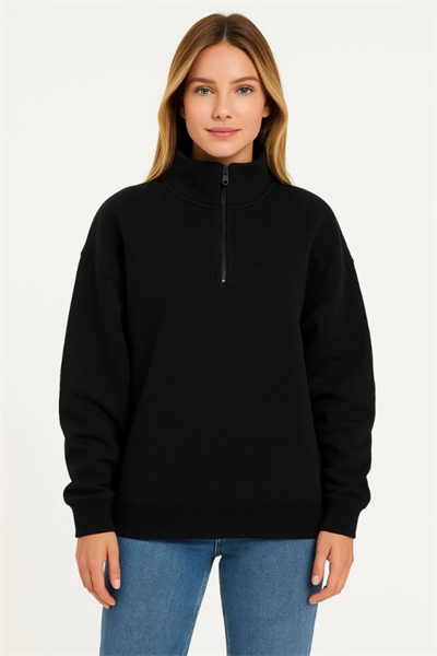 Üç İplik Dık Yaka Yarım Fermuarlı SweatShirt - Siyah