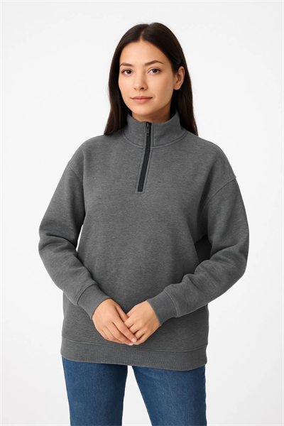 Üç İplik Dık Yaka Yarım Fermuarlı SweatShirt - Antrasit