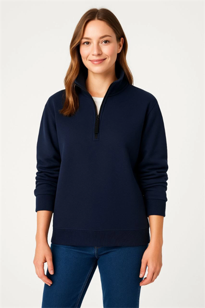 Üç İplik Dık Yaka Yarım Fermuarlı SweatShirt - Lacivert