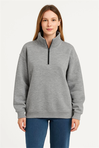 Üç İplik Dık Yaka Yarım Fermuarlı SweatShirt - Gri