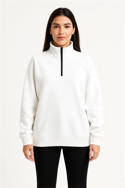 Üç İplik Dık Yaka Yarım Fermuarlı SweatShirt - Beyaz