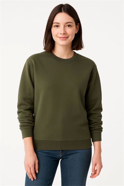 Üç İplik Düz Bisiklet Yaka SweatShirt - Haki