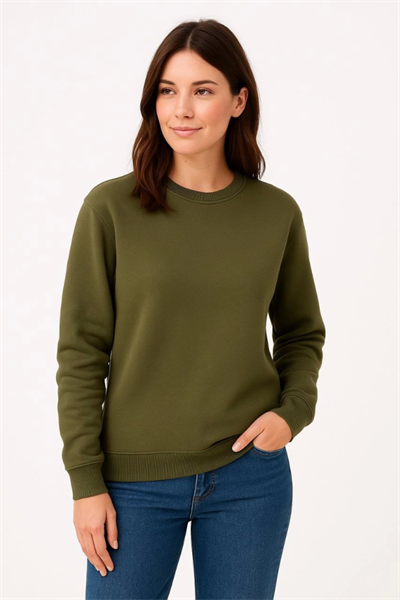 Üç İplik Düz Bisiklet Yaka SweatShirt - Haki