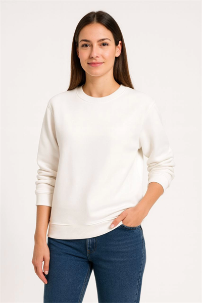 Üç İplik Düz Bisiklet Yaka SweatShirt - Beyaz
