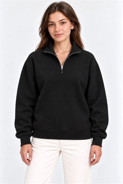 Üç İplik İçi Şardonlu Dik Yaka Yarım Fermuarlı Kışlık Sweatshirt - Siyah