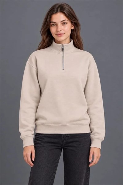 Üç İplik İçi Şardonlu Dik Yaka Yarım Fermuarlı Kışlık Sweatshirt - Bej