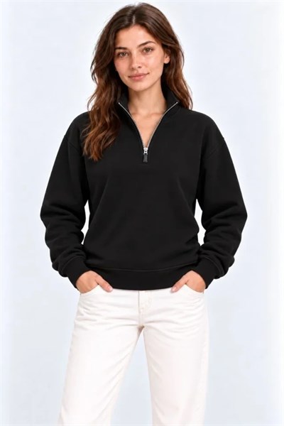 Üç İplik İçi Şardonlu Dik Yaka Yarım Fermuarlı Kışlık Sweatshirt - Siyah