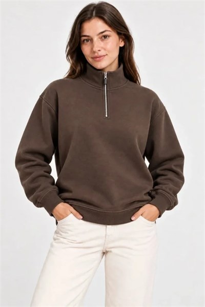 Üç İplik İçi Şardonlu Dik Yaka Yarım Fermuarlı Kışlık Sweatshirt - Kahverengi