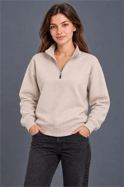 Üç İplik İçi Şardonlu Dik Yaka Yarım Fermuarlı Kışlık Sweatshirt - Bej