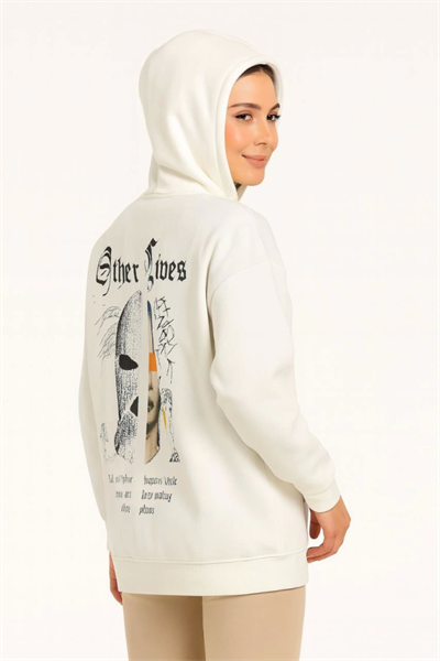 Üç İplik Kapşonlu ön Ve Arka Baskılı SweatShirt Hoodie- Beyaz