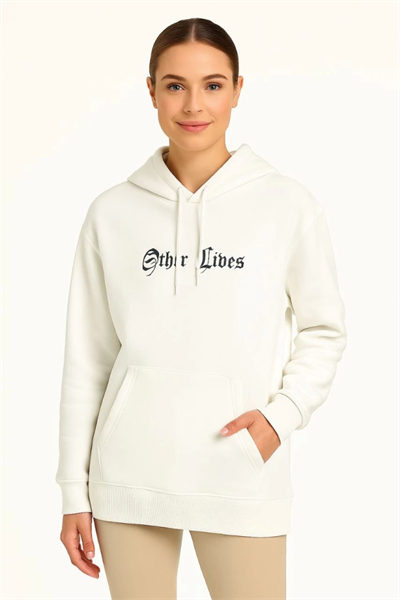 Üç İplik Kapşonlu ön Ve Arka Baskılı SweatShirt Hoodie- Beyaz
