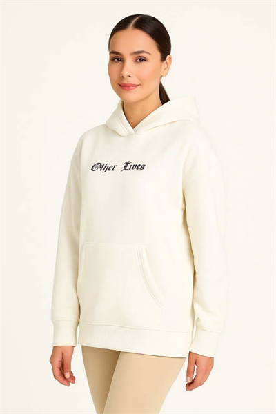 Üç İplik Kapşonlu ön Ve Arka Baskılı SweatShirt Hoodie- Beyaz