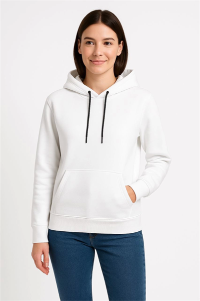 Üç İplik Kapüşonlu Kanguru Çepli SweatShirt Hoodie - Beyaz