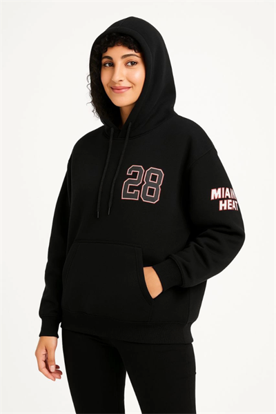 Üç İplik Kapüşonlu Ön Ve Arka Baskılı SweatShirt Hoodie - Siyah