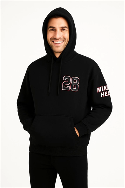 Üç İplik Kapüşonlu Ön Ve Arka Baskılı SweatShirt Hoodie - Siyah