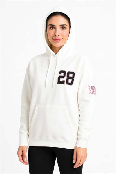 Üç İplik Kapüşonlu Ön Ve Arka Baskılı SweatShirt Hoodie - Beyaz