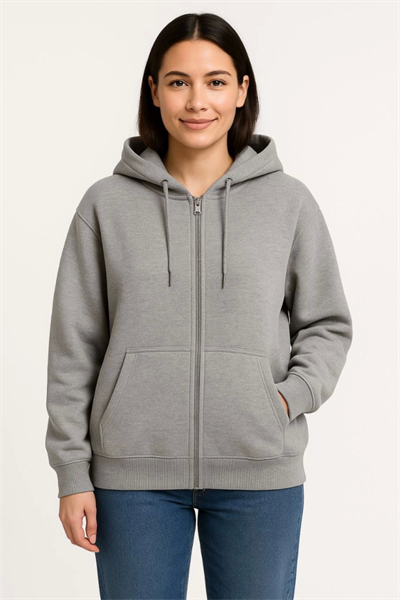 Üç İplik Kapüşonlu Tam Fermuarlı Kanguru Çepli SweatShirt Hoodie - Gri