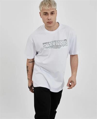 Unisex Bisiklet Yaka Baskılı Oversize T-Shirt - Siyah