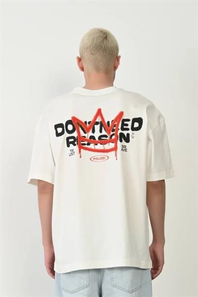 Unisex Bisiklet Yaka Baskılı Oversize T-Shirt - Beyaz