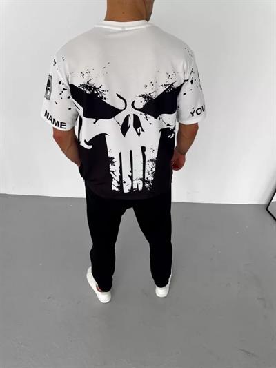 Unisex Bisiklet Yaka Baskılı Oversize T-Shirt - Siyah