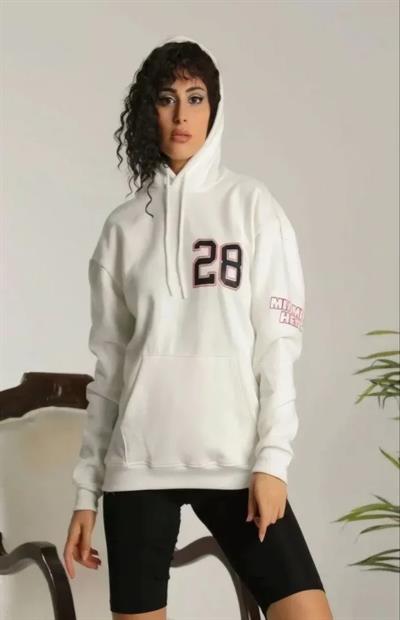 Unisex Kapşonlu Baskılı Sweetshirt - Beyaz