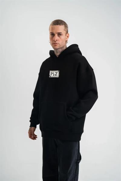 Unisex Kapşonlu Uzun Kol Patchli Nakışlı SweatShirt - Siyah