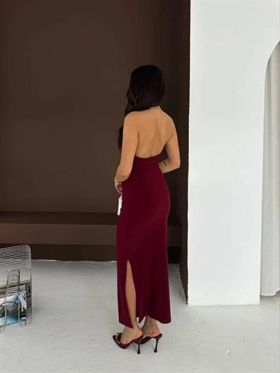 Uzun Abiye Elbise Yırtmaçlı Sırt Dekolteli Şık Gece Elbisesi - Bordo