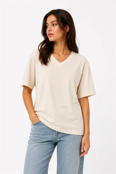 V Yaka Basic Tişört Kısa Kol Yazlık Regular Fit T-Shirt - Bej