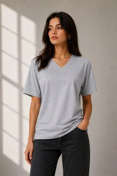 V Yaka Basic Tişört Kısa Kol Yazlık Regular Fit T-Shirt - Gri