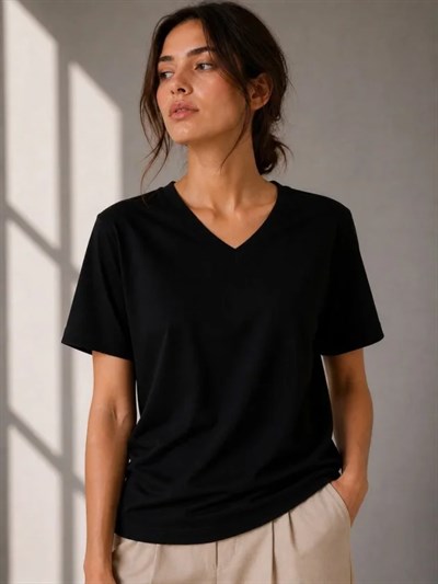 V Yaka Basic Tişört Kısa Kol Yazlık Regular Fit T-Shirt - Siyah