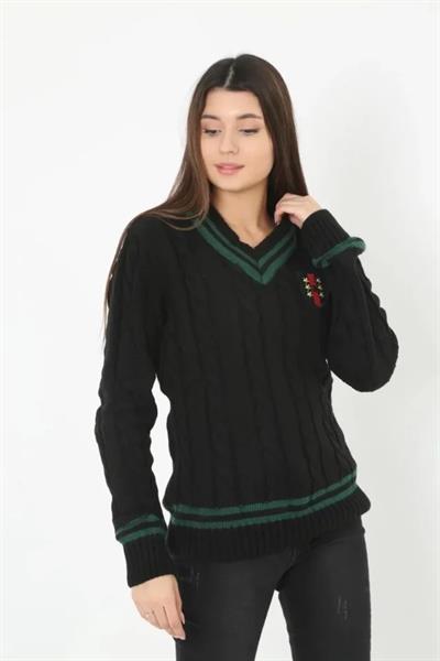 V Yaka Örgülü Kazak - Siyah