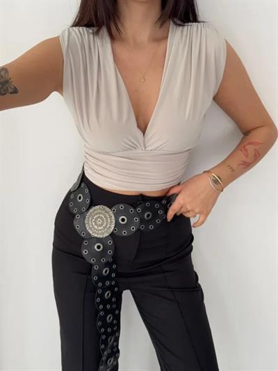 Vatkalı Kolsuz V Yaka Drapeli Crop Bluz Likralı Fit - Boyalı Gri