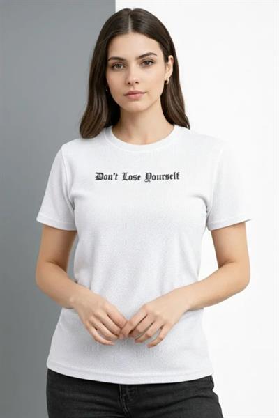 Wafıl Kumaş Tişört Regular Kalıp Bisiklet Yaka Baskılı Günlük Basic T-Shirt - Beyaz