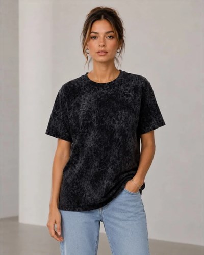 Yıkamalı Washed Effect Tişört Bisiklet Yaka Sokak Stil Kısa Kol T-Shirt - Siyah