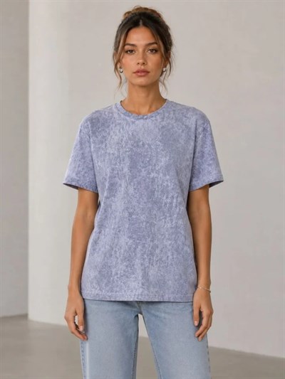 Yıkamalı Washed Effect Tişört Bisiklet Yaka Sokak Stil Kısa Kol T-Shirt - Gri